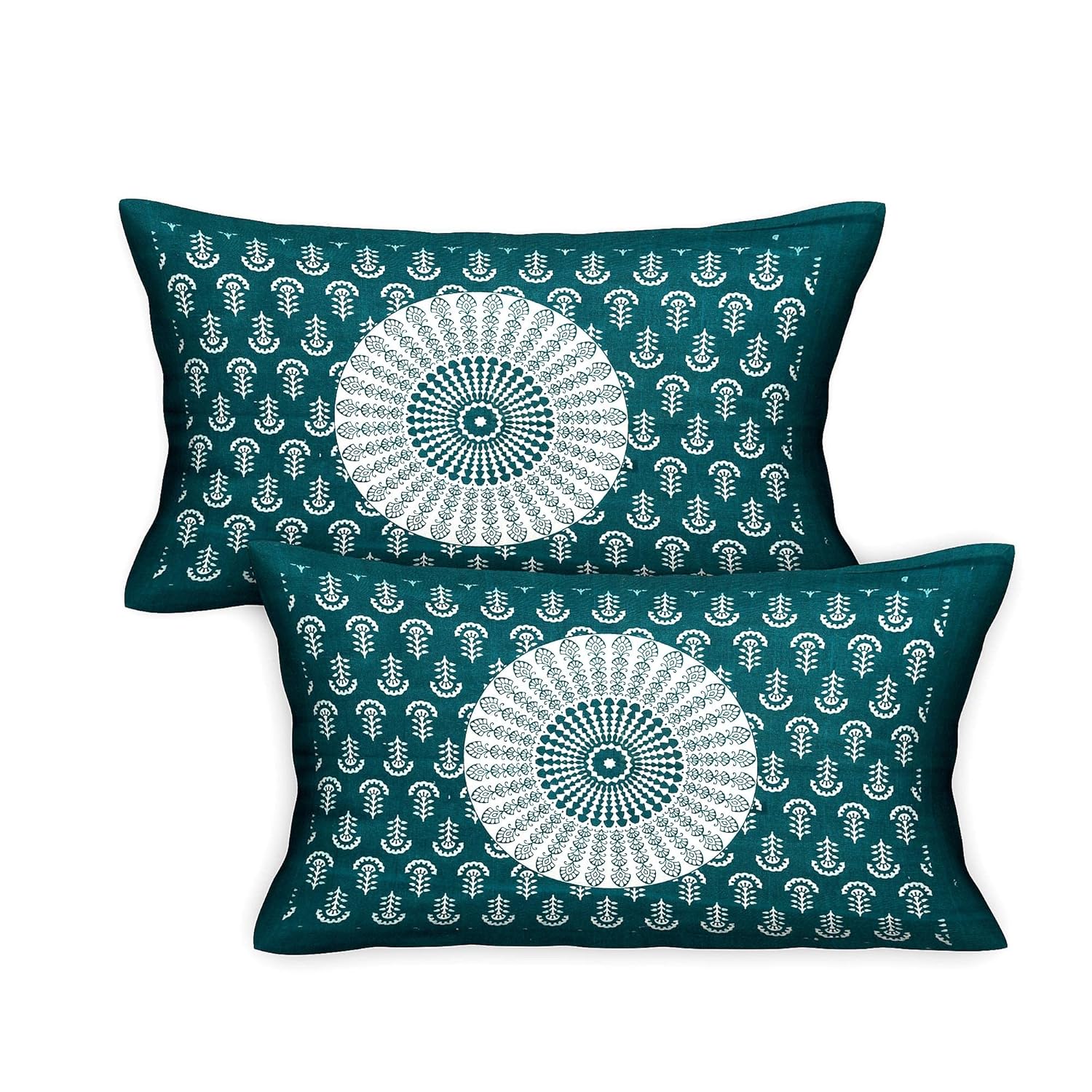 Rajasthani Pure 100% Cotton Double Bed Sheet with 2 Pillow Covers (Bedsheet for Double Bed Cotton, Green Rangoli)