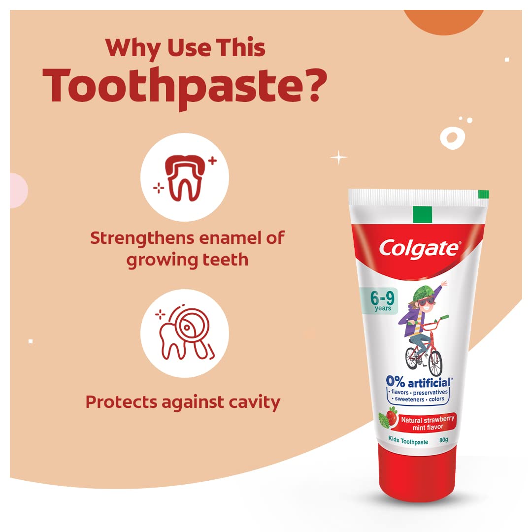 Colgate Kids Toothpaste with 0% Artificial Preservatives, Colours, Sweeteners for Whitening (6-9 Years, Natural Strawberry Mint Flavour - 80g