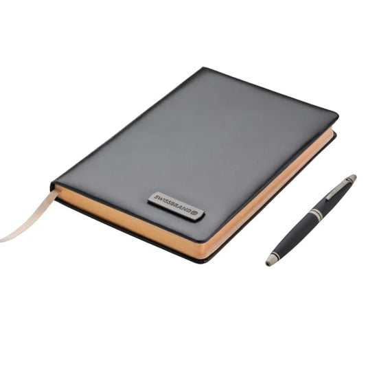 Swissbrand Vivid 2532 Matte black chrome Rollerball Pen with chrome trim - Black Diary with Pen combo set, Perfect for Corporate Gifting, Fathers Day Dad Gifts