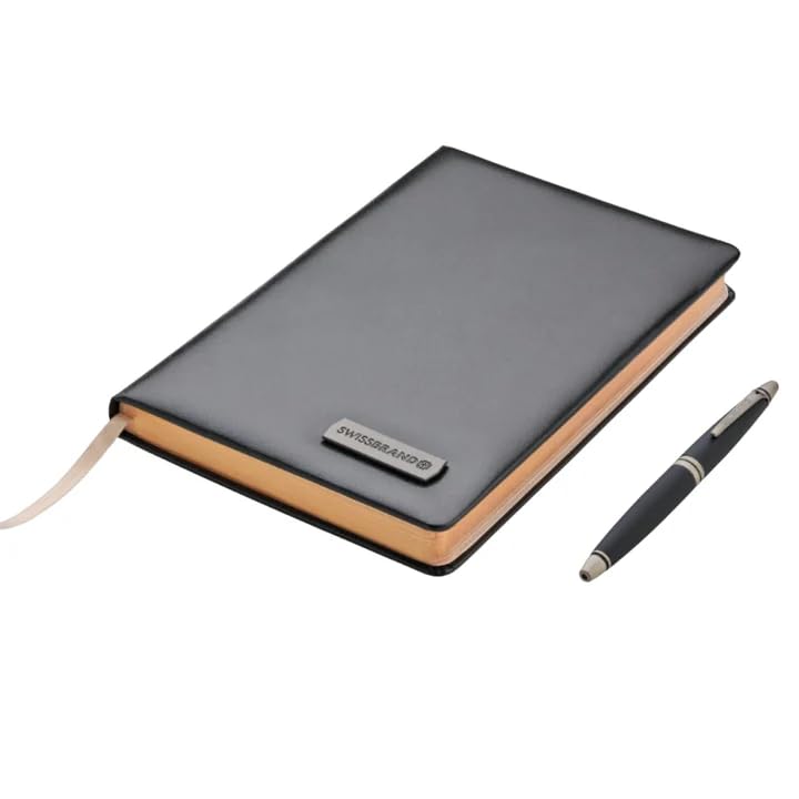 Swissbrand Vivid 2532 Matte black chrome Rollerball Pen with chrome trim - Black Diary with Pen combo set, Perfect for Corporate Gifting, Fathers Day Dad Gifts