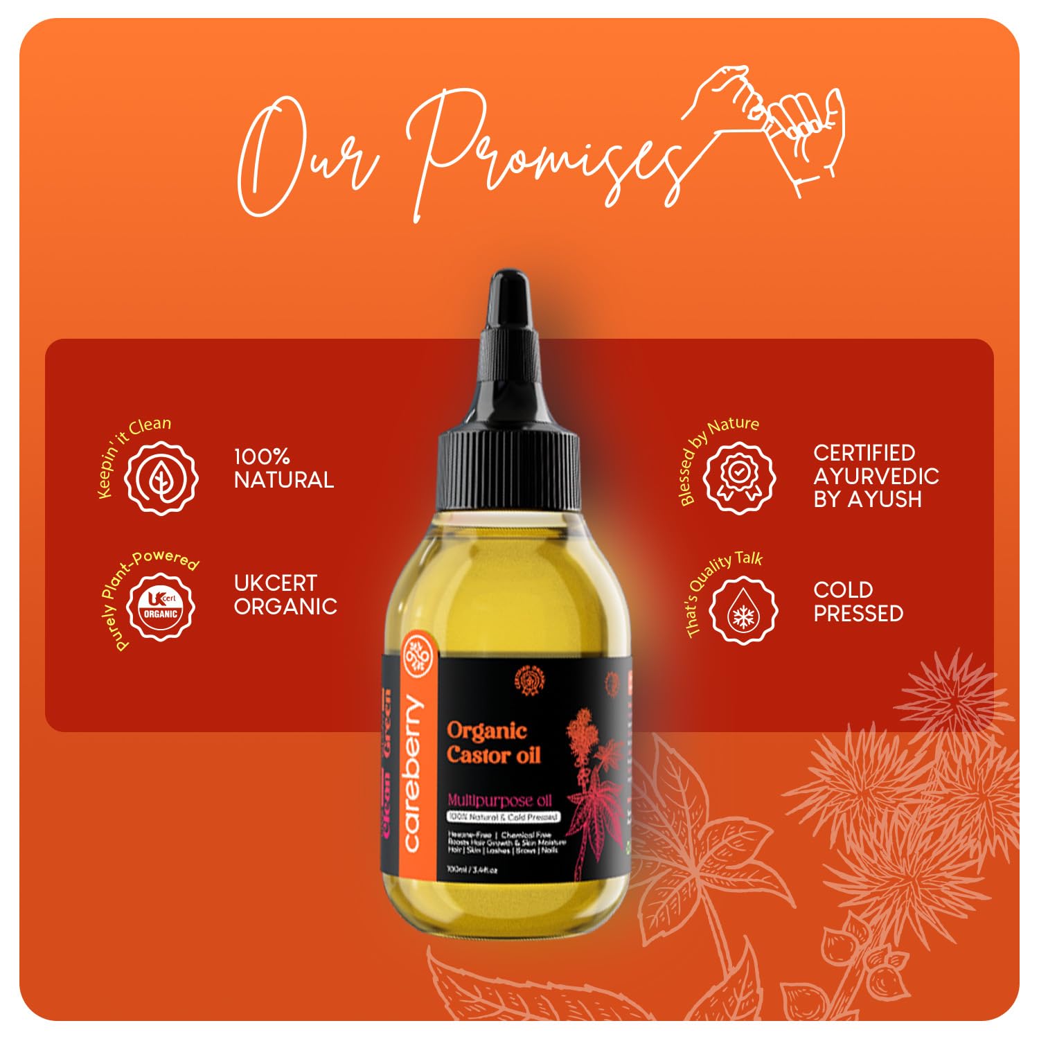 Careberry Organic Cold Pressed Castor Oil (Arandi Oil) - 200 ml