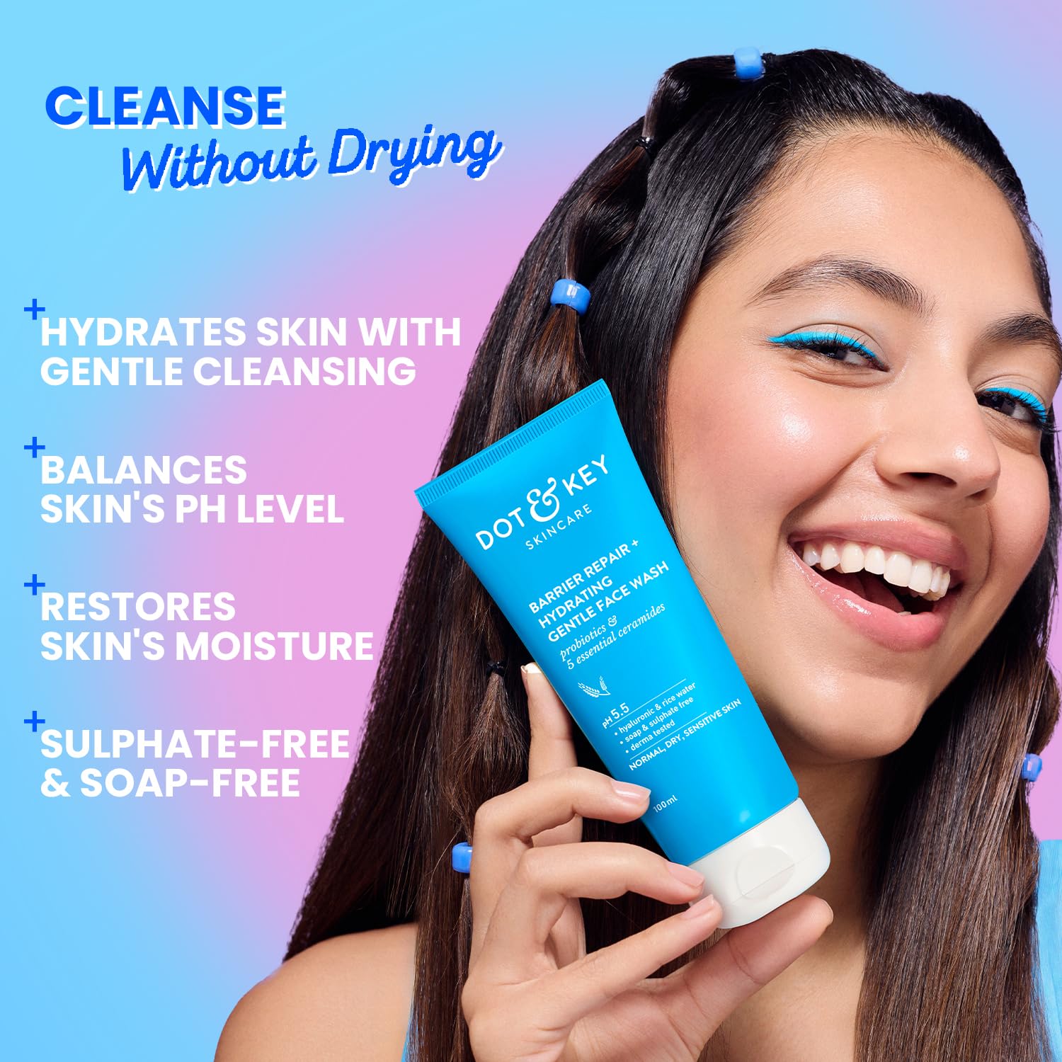 Dot & Key Barrier Repair Hydrating Gentle Face Wash For Dry, Normal & Sensitive Skin With Hyaluronic & Rice Water - 100 ml