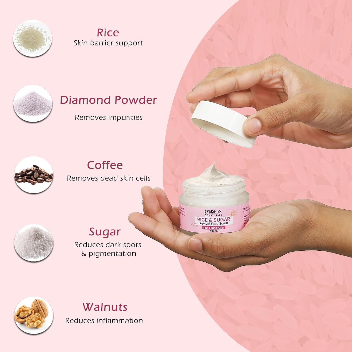 Globus Naturals Rice & Sugar Revival Face Scrub, For Korean Glass Skin - 50 gm