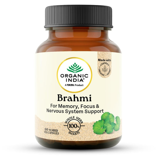 A TATA Product - Organic India Brahmi - 60 Veg Capsules, Naturally Promotes Concentration & Memory, Mental Fitness, Reduces Stress & Anxiety
