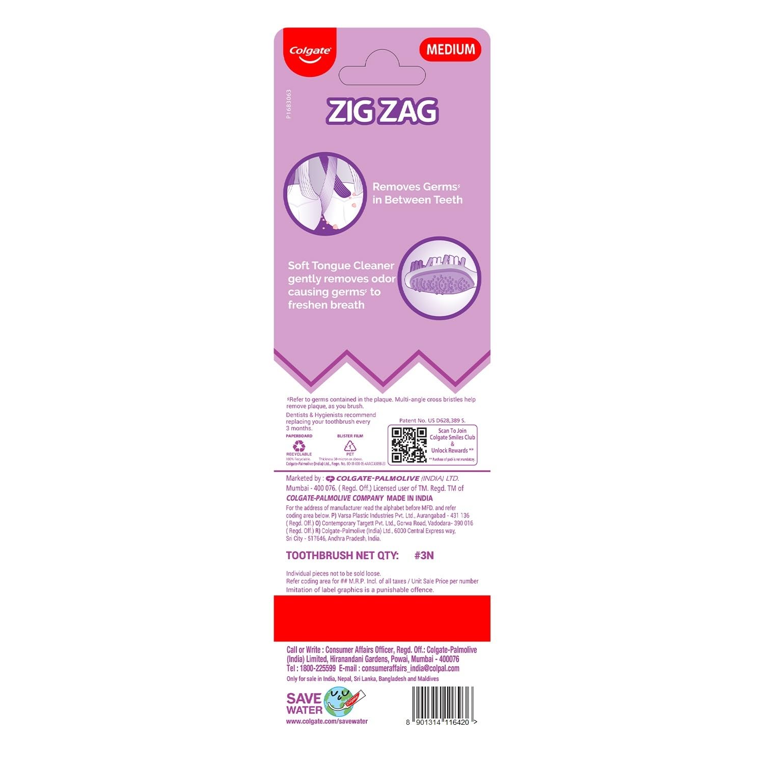Colgate Zigzag Manual Toothbrush - Medium (Buy 2 Get 1) Multicolour