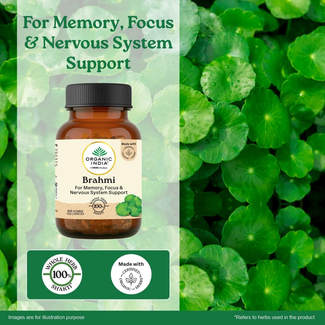 A TATA Product - Organic India Brahmi - 60 Veg Capsules, Naturally Promotes Concentration & Memory, Mental Fitness, Reduces Stress & Anxiety