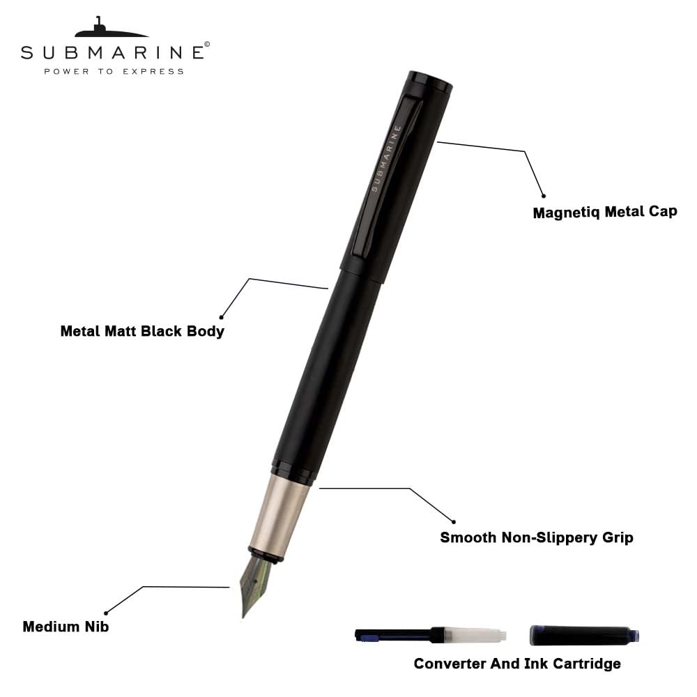 Submarine 915 Premium Black Body Matte Finish Metal Fountain Pen , multi colours