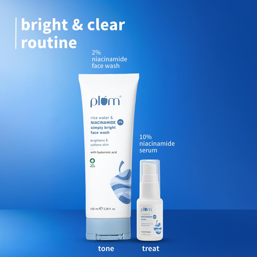 Plum Skin Brightening Combo | 2%  Niacinamide Face Wash with Rice Water 100ml + 10% Niacinamide Serum 15ml
