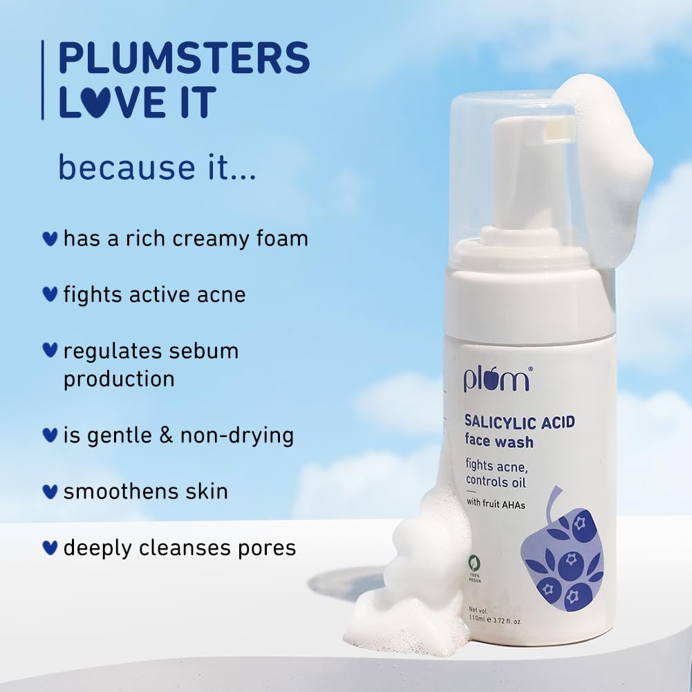 Plum Salicylic Acid Foaming Face Wash - Fights Active Acne & Oil For Smooth Skin - 110 ml
