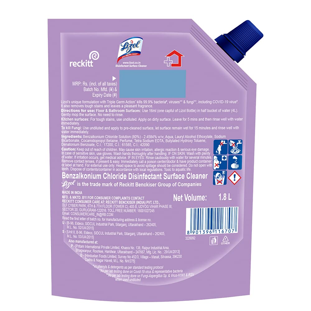 Lizol 1800 ml - Lavender, Disinfectant Surface & Floor Cleaner Liquid Refill Pack