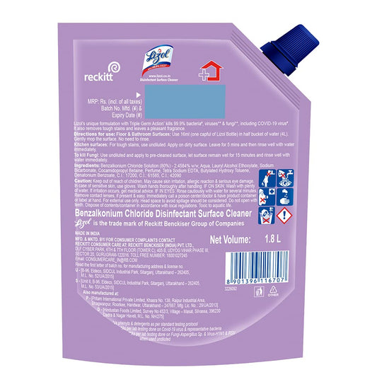 Lizol 1800 ml - Lavender, Disinfectant Surface & Floor Cleaner Liquid Refill Pack