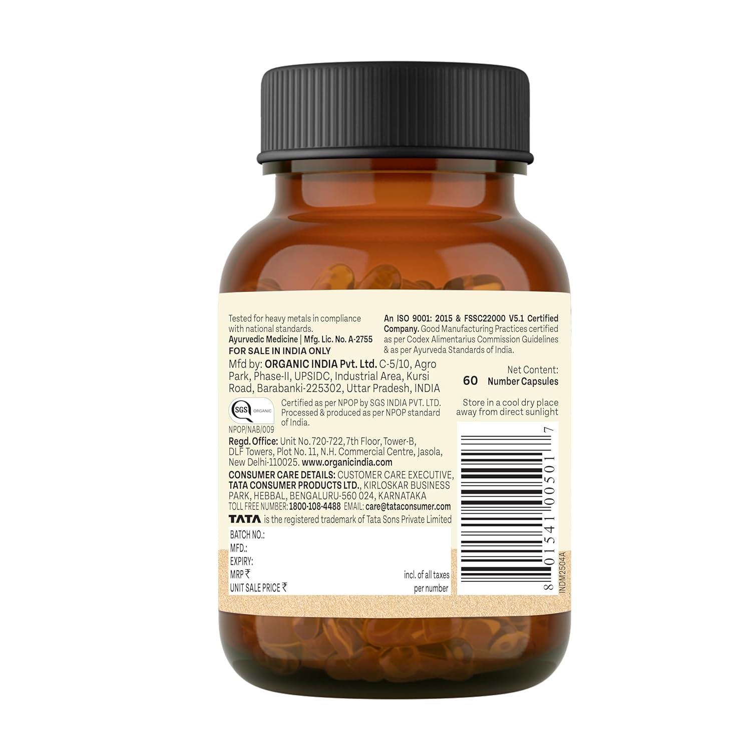 A TATA Product - Organic India Brahmi - 60 Veg Capsules, Naturally Promotes Concentration & Memory, Mental Fitness, Reduces Stress & Anxiety