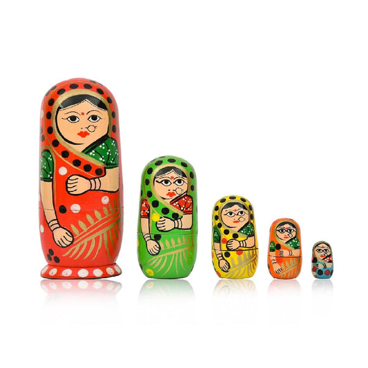 Elite Trading Wooden Indian Nesting Doll Set for Girls (5 Dolls) (Multicolour)