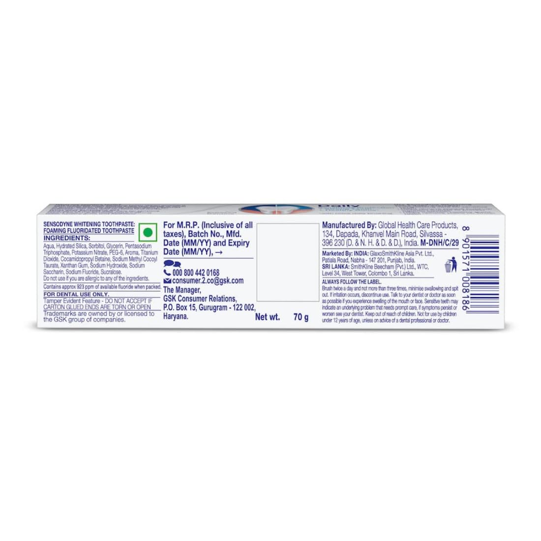 Sensodyne Toothpaste Whitening | White Teeth and Daily Sensitivity Protection Tooth Paste Pack of 1 - 70gm | Dentist Recommended