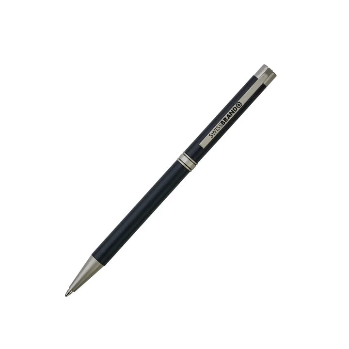 SWISSBRAND Glide 2528 Matte black chrome Ballpoint Pen with chrome trim.