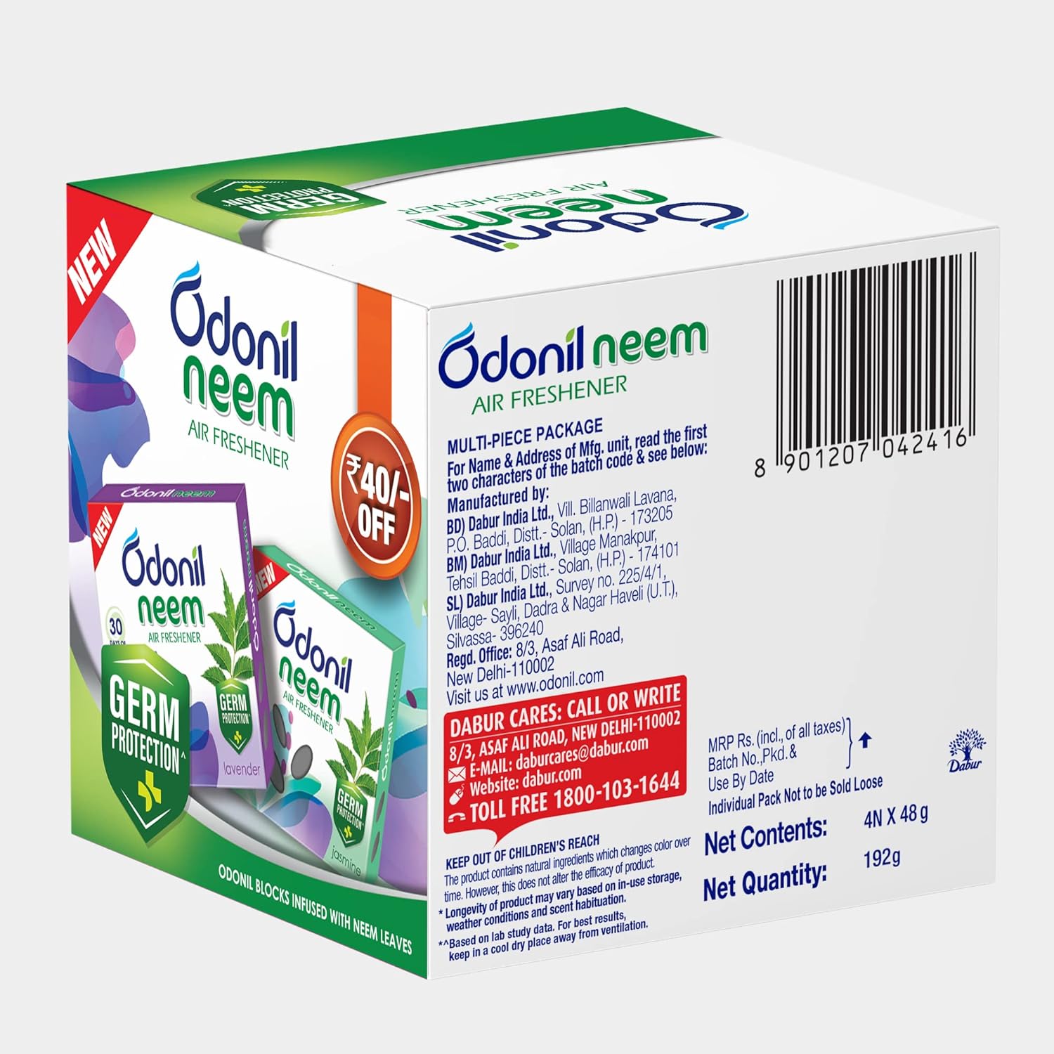 Odonil Bathroom Air Freshener Neem Mixed Fragrances Blocks 192g (48g, Pack of 4)