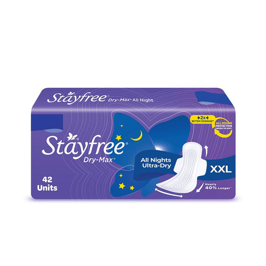 Stayfree Dry Max All Night XXl Dry Cover Sanitary Pads For Women With Wings, 42 Units