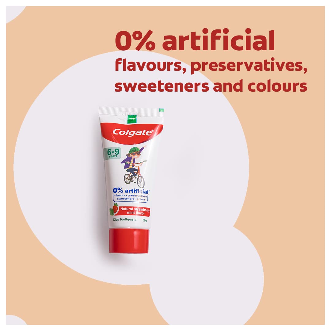 Colgate Kids Toothpaste with 0% Artificial Preservatives, Colours, Sweeteners for Whitening (6-9 Years, Natural Strawberry Mint Flavour - 80g
