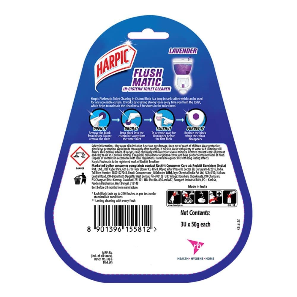 Harpic Flushmatic In-Cistern Toilet Cleaner Block, Lavender, 50 gm (Pack of 3)
