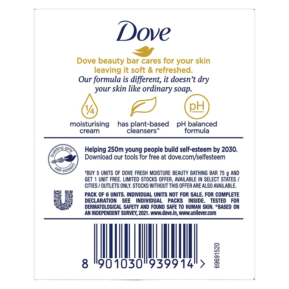 Dove Fresh Moisture Beauty Bar With Cucumber & Green Tea Leaves Scent - 75 gm - Set of 6