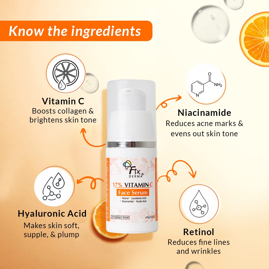 Fixderma 17% Vitamin C Face Serum For Glowing Skin, Anti Ageing Night Face Serum - 15 gm