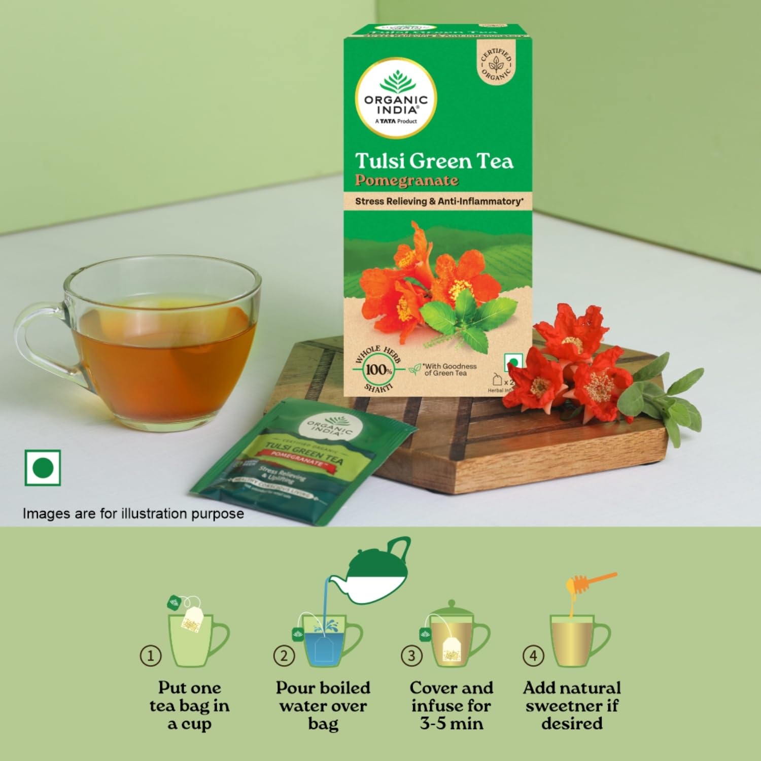 A TATA Product - Organic India Tulsi Green Tea Pomegranate - 25 Tea Bags