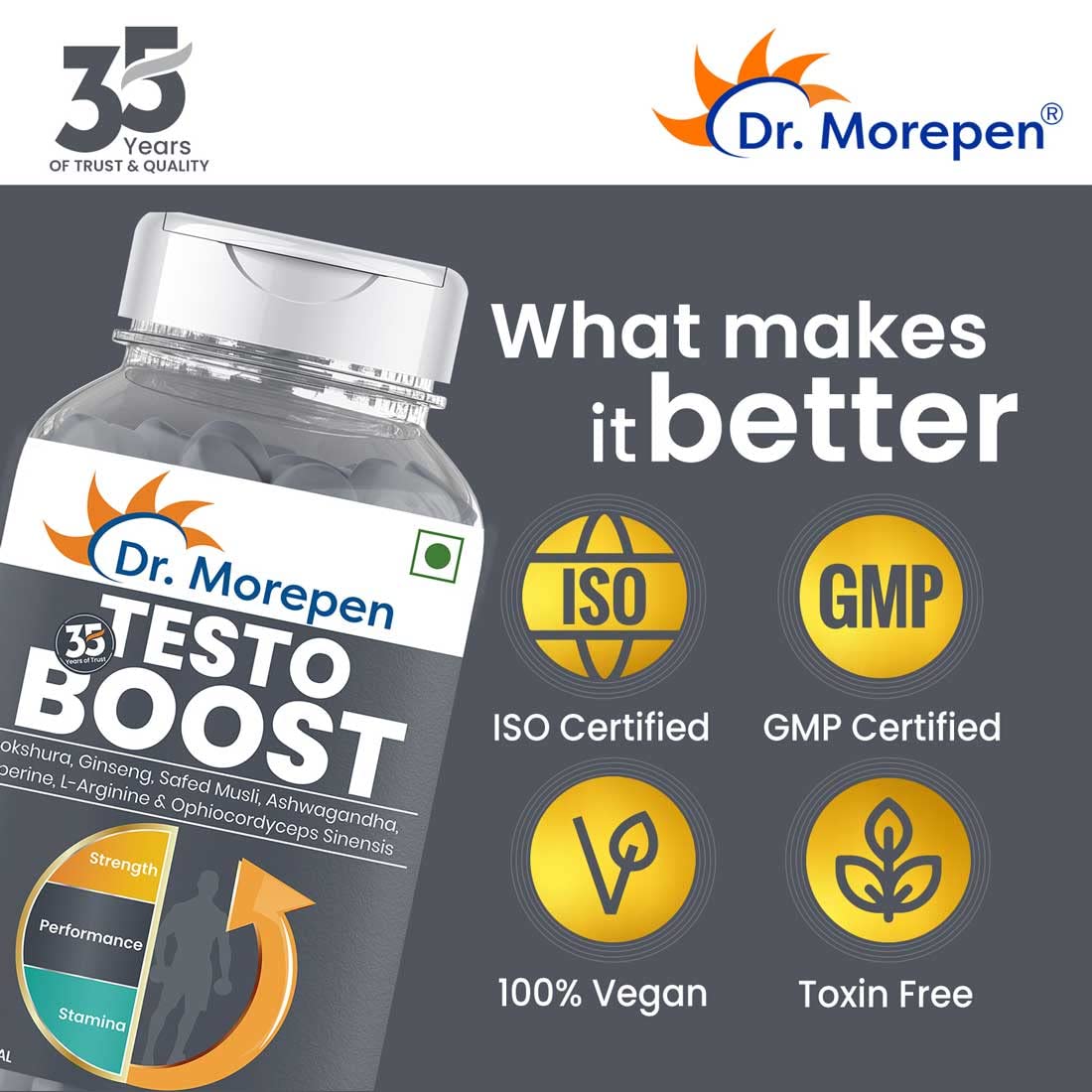 DR. MOREPEN Testo Boost For Men Enriched With Gokshura, Shilajit, Safed Musli, Ashwagandha, L-Arginine, & Ophiocodyceps Sinensis - 60 Veg Tablets