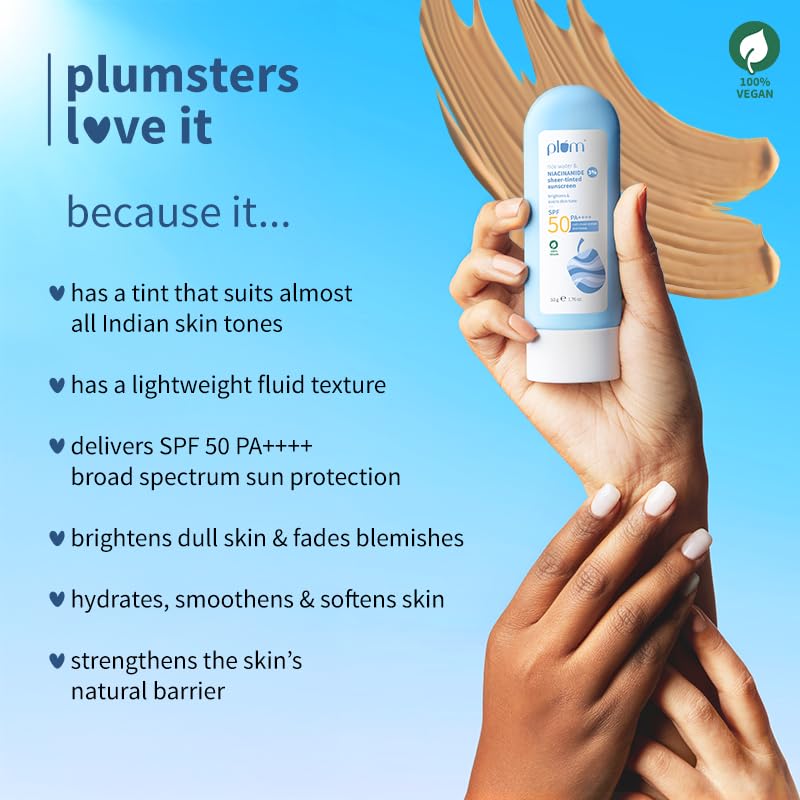 Plum Rice Water & 3% Niacinamide Sheer-Tinted Sunscreen With SPF 50 PA++++ For Oily To Normal Skin - 50 gm