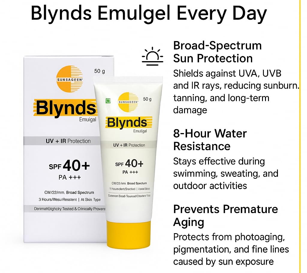 Intas Blynds Emulgel Sunscreen with UV+IR Protection SPF 40+ PA+++ & Water-Resistant - 50 gm