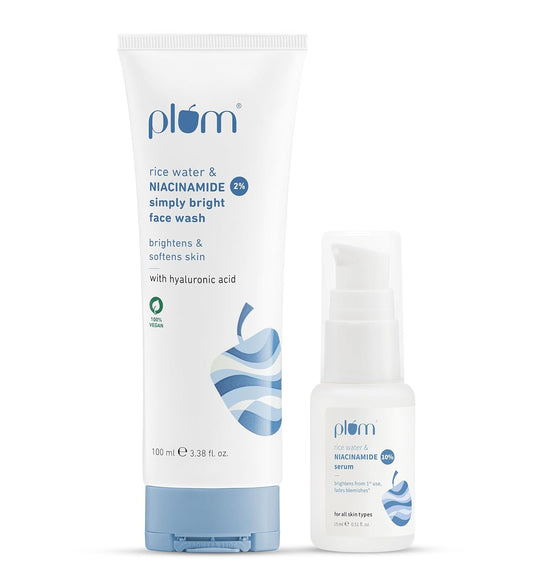Plum Skin Brightening Combo | 2%  Niacinamide Face Wash with Rice Water 100ml + 10% Niacinamide Serum 15ml