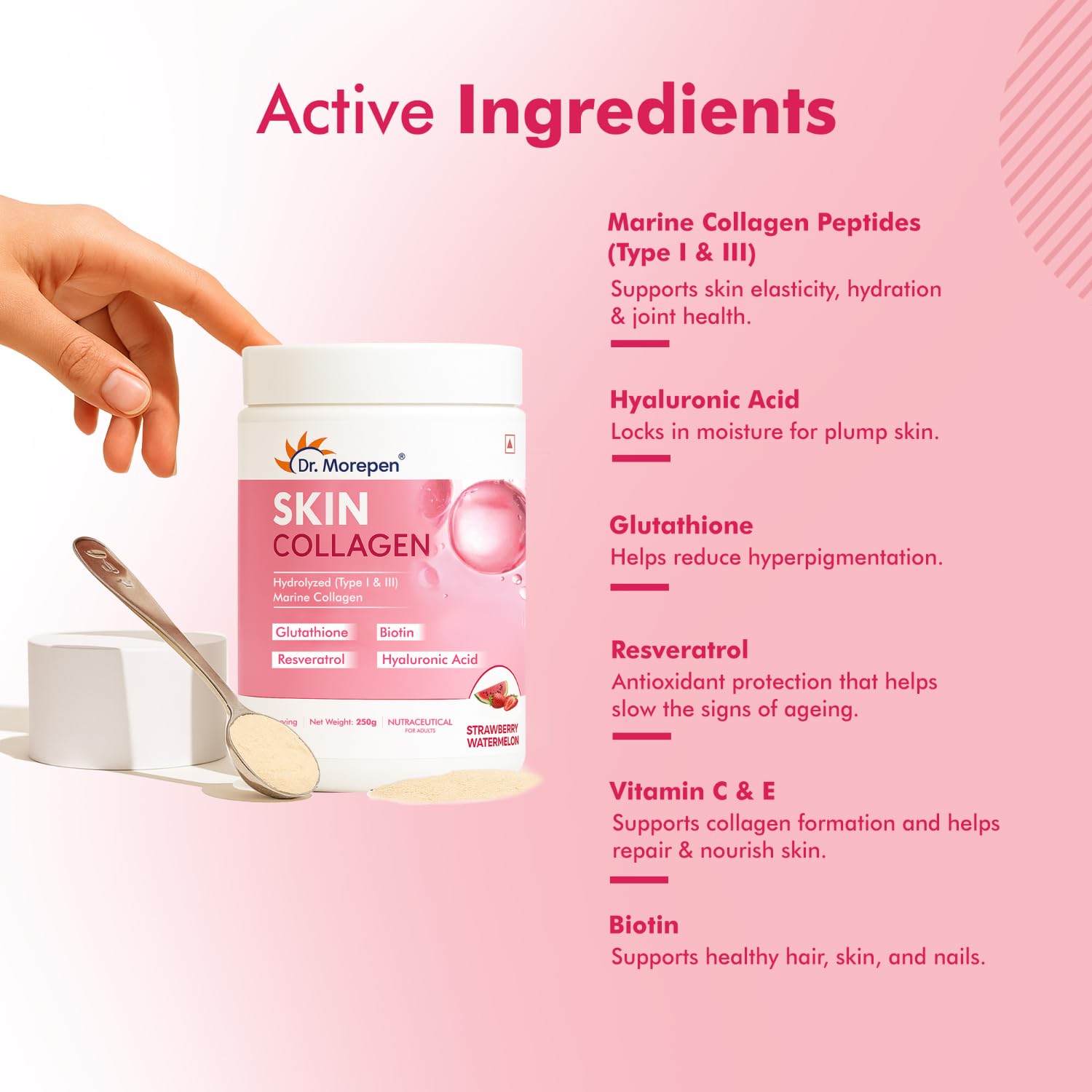 DR. MOREPEN Skin Collagen Powder with Glutathione, Hyaluronic Acid, Resveratrol & Biotin for Skin, Hair & Joint Support, Strawberry Watermelon Flavour, 31 Servings – 250g