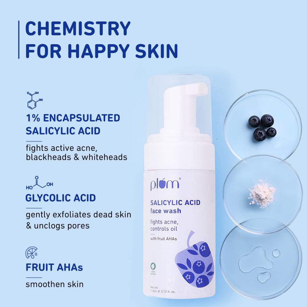 Plum Salicylic Acid Foaming Face Wash - Fights Active Acne & Oil For Smooth Skin - 110 ml