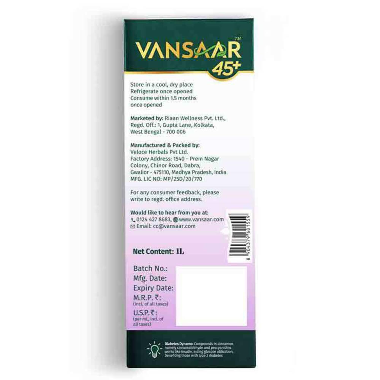 Vansaar 45+ Diab Balance Juice, 1L