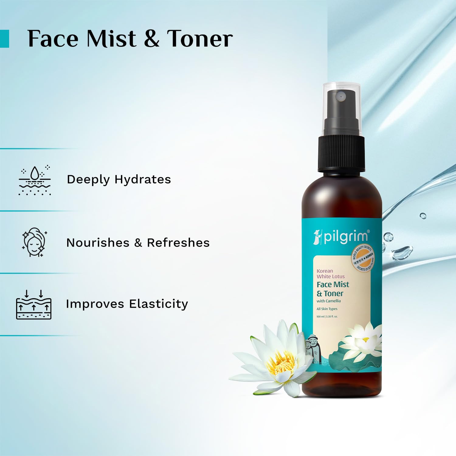 Pilgrim Korean Beauty White Lotus Refreshing Face Mist & Toner With Camellia & Witch Hazel For Glowing Skin - 100 ml