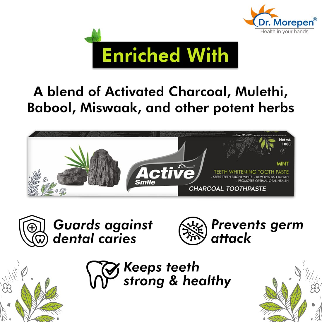 DR. MOREPEN Active Smile Charcoal Toothpaste other Potent Herbs | Pack of 2-100 gms each