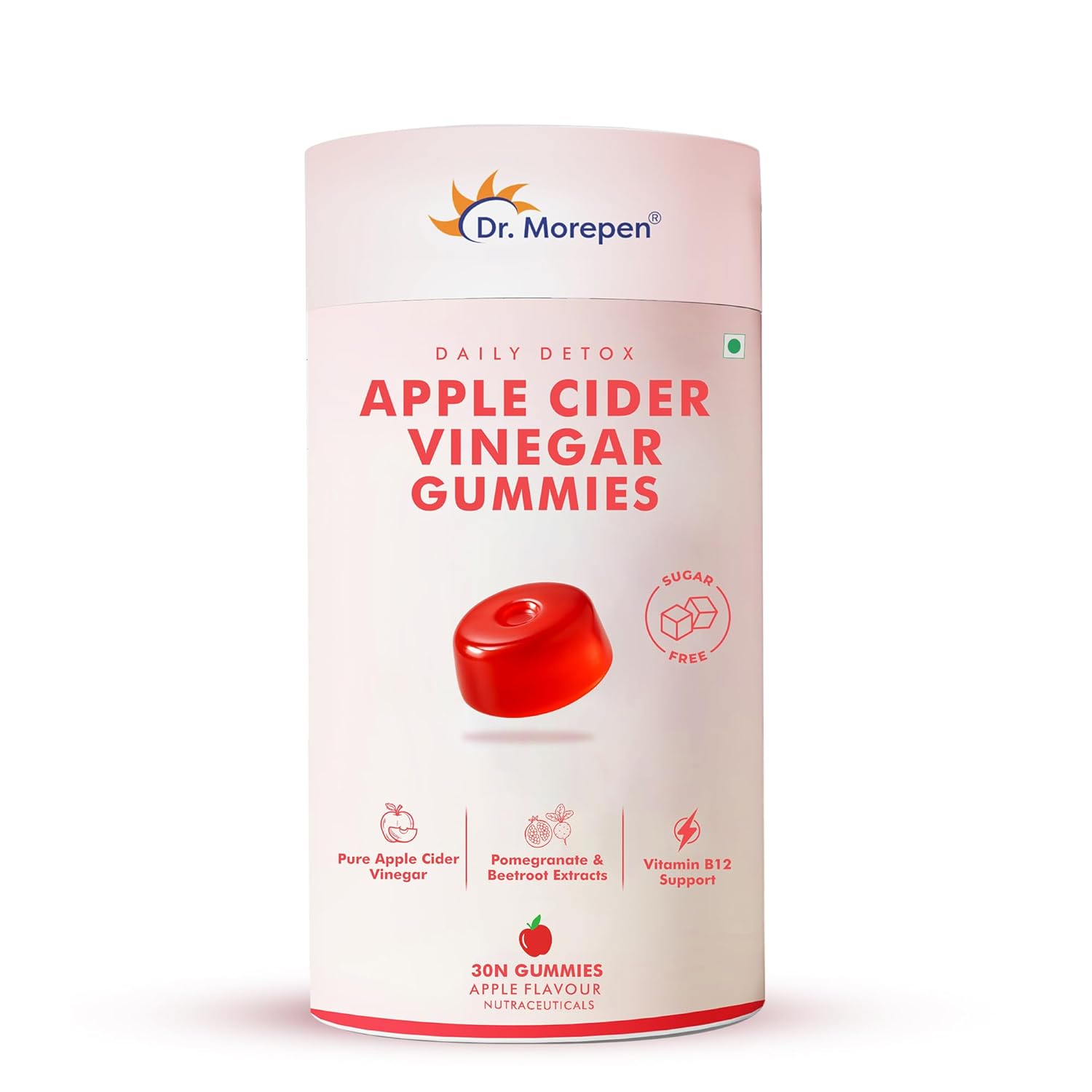 Dr. Morepen Apple Cider Vinegar Gummies with Pomegranate, Beetroot & Vitamin B12, Sugar-Free Daily Detox Supplement – Apple Flavour, 30 Gummies