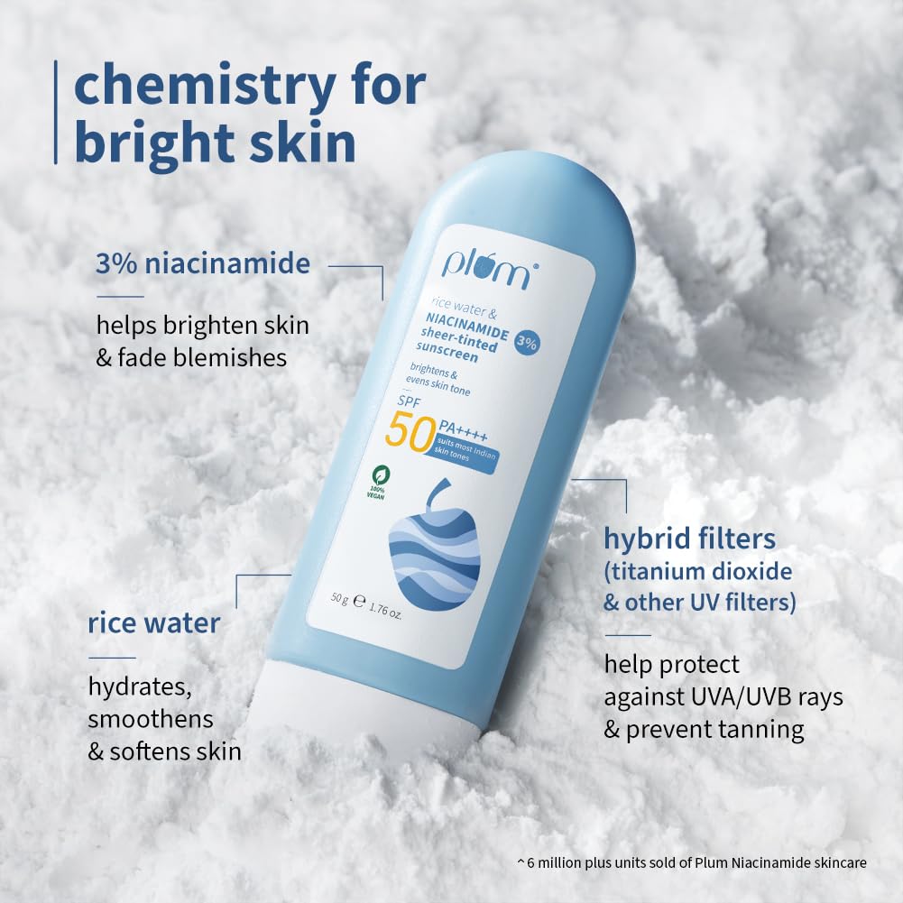 Plum Rice Water & 3% Niacinamide Sheer-Tinted Sunscreen With SPF 50 PA++++ For Oily To Normal Skin - 50 gm