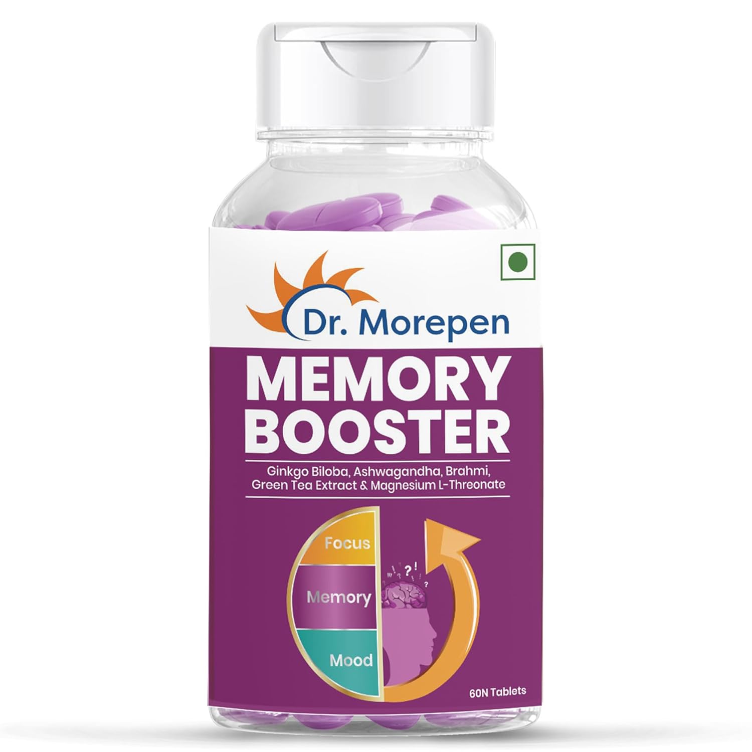 DR. MOREPEN Memory, Focus & Mood Tablets Enriched With GABA, Ashwagandha, Chamomile & Brahmi-Vitamins B1, B2, B3, Magnesium | Safe For Brain Health, Non-GMO & Preservatives Free-60 Tablets
