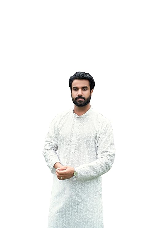 Classic White Chikankari Floral Men's Kurta - Embroidered Cotton Blend, Regular Fit for Casual & Festive Occasions
