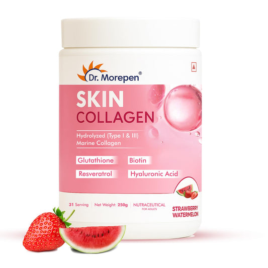 DR. MOREPEN Skin Collagen Powder with Glutathione, Hyaluronic Acid, Resveratrol & Biotin for Skin, Hair & Joint Support, Strawberry Watermelon Flavour, 31 Servings – 250g