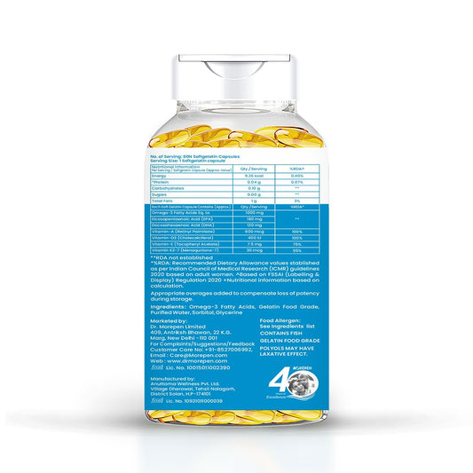 DR. MOREPEN Omega 3 Deep Sea Fish oil 1000 mg Omega with 300 mg DHA with Vitamin A, D3, E & K27 | 60 softgels - (Pack of 1)