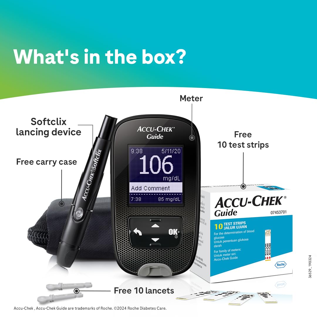 Accu-Chek Guide Blood Glucose Glucometer (with Bluetooth) Kit with Vial of 10 Strips, 10 Lancets and a Lancing Device FREE for Accurate Blood Sugar Testing