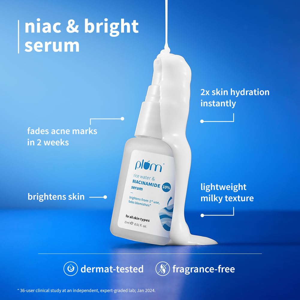 Plum Skin Brightening Combo | 2%  Niacinamide Face Wash with Rice Water 100ml + 10% Niacinamide Serum 15ml