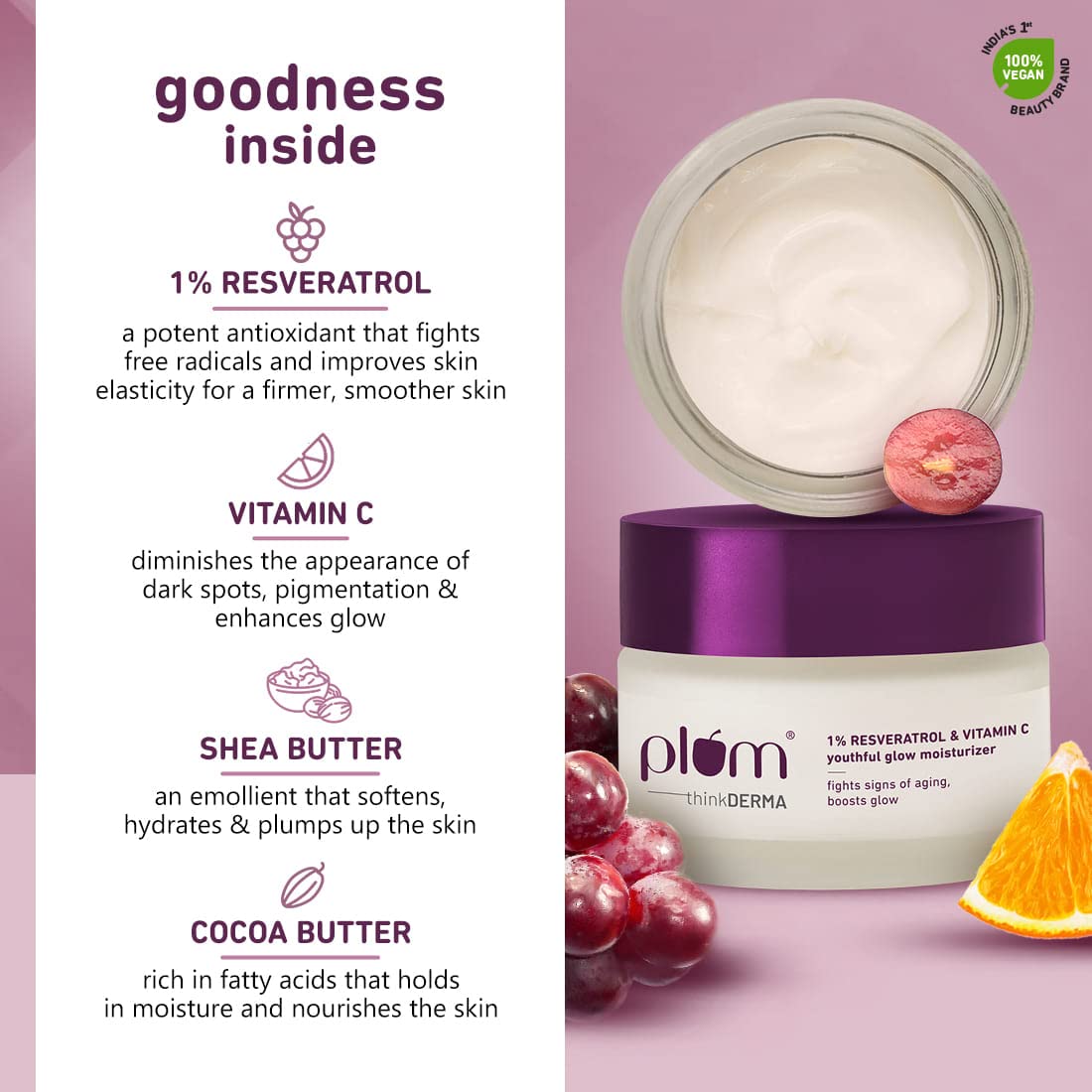 Plum 1% Resveratrol & Vitamin C Anti-Aging Moisturizer For Glowing Skin - 50 gm