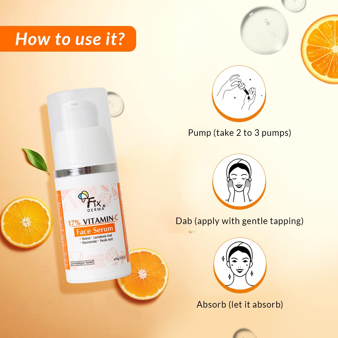 Fixderma 17% Vitamin C Face Serum For Glowing Skin, Anti Ageing Night Face Serum - 15 gm