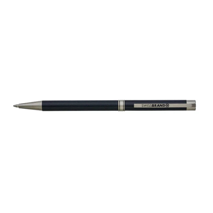 SWISSBRAND Glide 2528 Matte black chrome Ballpoint Pen with chrome trim.