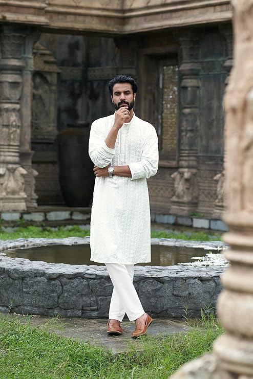 Classic White Chikankari Floral Men's Kurta - Embroidered Cotton Blend, Regular Fit for Casual & Festive Occasions