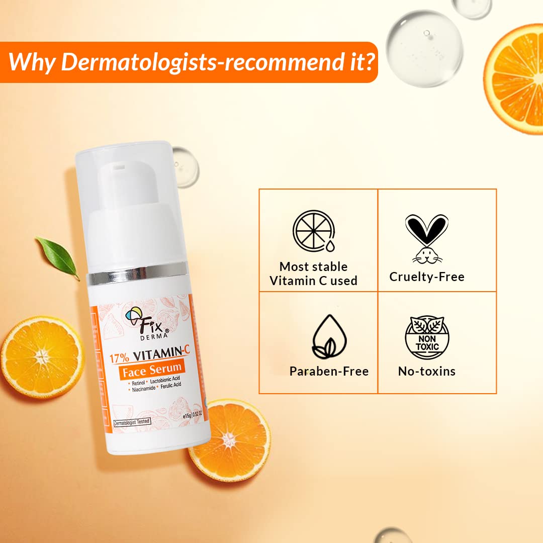 Fixderma 17% Vitamin C Face Serum For Glowing Skin, Anti Ageing Night Face Serum - 15 gm