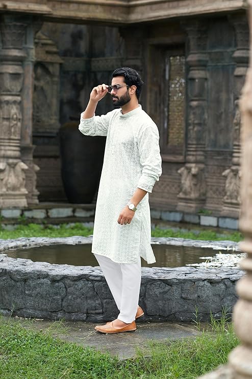Classic White Chikankari Floral Men's Kurta - Embroidered Cotton Blend, Regular Fit for Casual & Festive Occasions