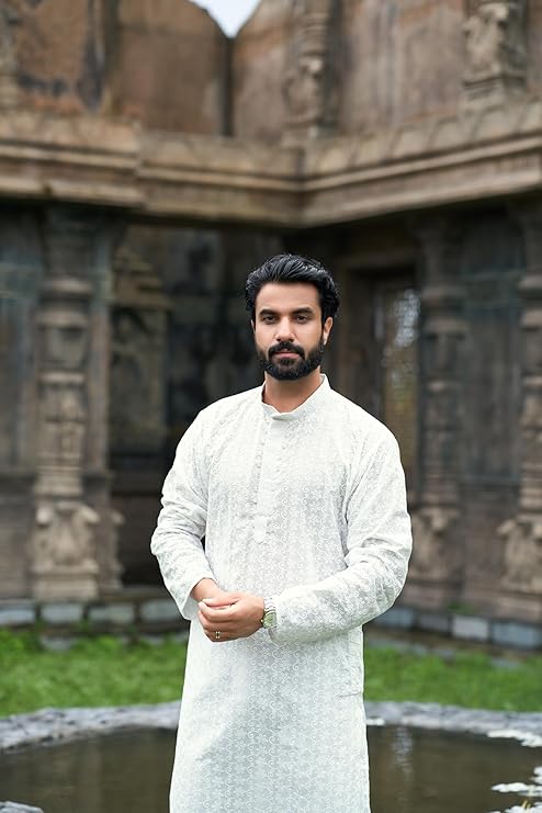 Classic White Chikankari Floral Men's Kurta - Embroidered Cotton Blend, Regular Fit for Casual & Festive Occasions